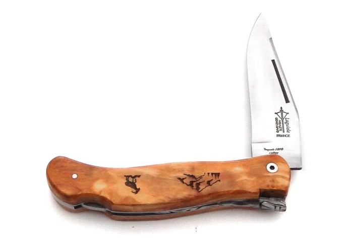 Laguiole folding knife Cubic Grande Nature, olive wood handle, mountain motif, matt finish