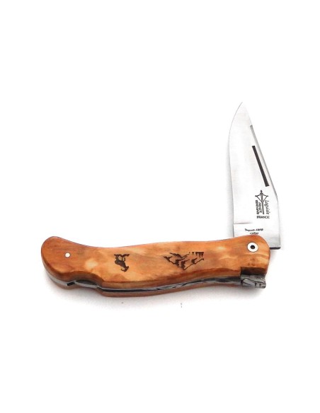 Laguiole folding knife Cubic Grande Nature, olive wood handle, mountain motif, matt finish