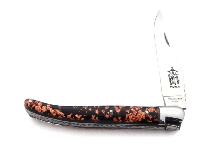 Laguiole folding knife for Ladies, inclusion of copper sheets handle, shiny finish