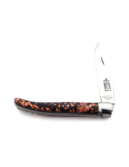 Laguiole pliant au féminin, manche en inclusion de feuilles de cuivre, finition brillant