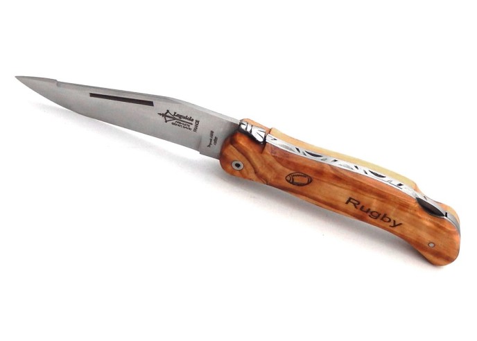 Laguiole folding knife Cubic Grande Nature, olive wood handle with rugby motif, matt finish