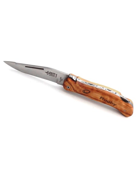 Laguiole folding knife Cubic Grande Nature, olive wood handle with rugby motif, matt finish