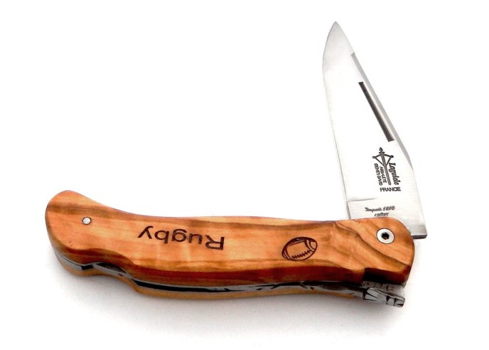 Laguiole folding knife Cubic Grande Nature, olive wood handle with rugby motif, matt finish