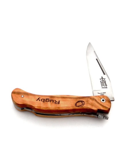 Laguiole folding knife Cubic Grande Nature, olive wood handle with rugby motif, matt finish