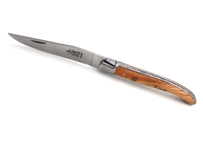 Laguiole Prestige folding knife, olive wood handle with a football motif, matt finish
