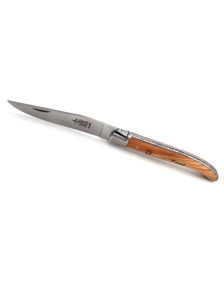 Laguiole Prestige folding knife, olive wood handle with a football motif, matt finish