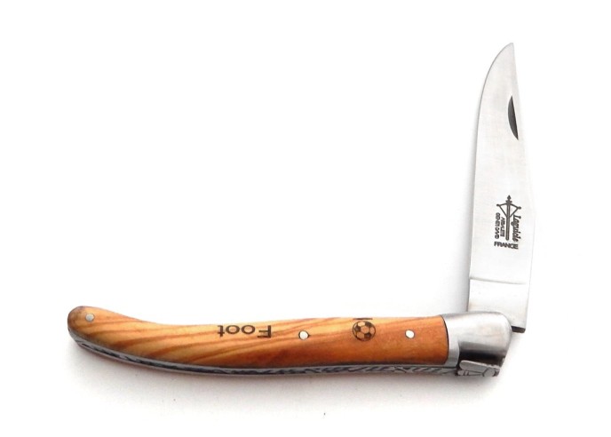 Laguiole Prestige folding knife, olive wood handle with a football motif, matt finish