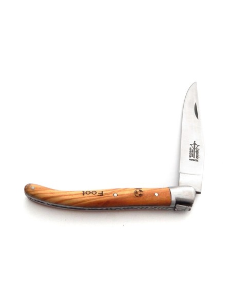 Laguiole Prestige folding knife, olive wood handle with a football motif, matt finish
