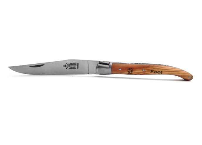 Laguiole Prestige folding knife, olive wood handle with a football motif, matt finish