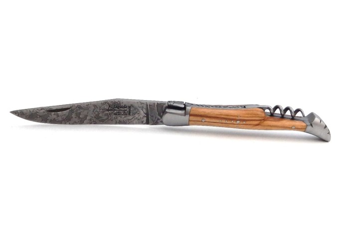 Laguiole Prestige folding knife, blade & corkscrew, olive wood handle, Camo blade, matt finish