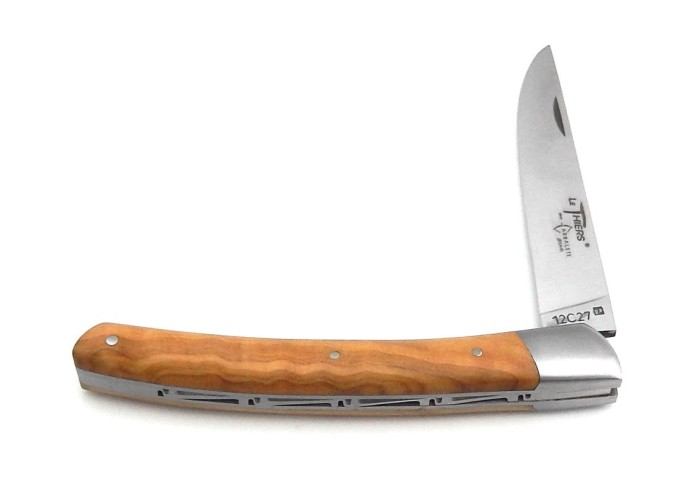 Le Thiers ® folding knife guilloché, 12 cm olive wood handle, matt finish