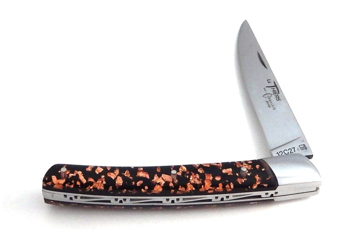 Le Thiers ® pliant guilloché main, manche inclusion de feuilles de cuivre de 11 cm, finition brillant