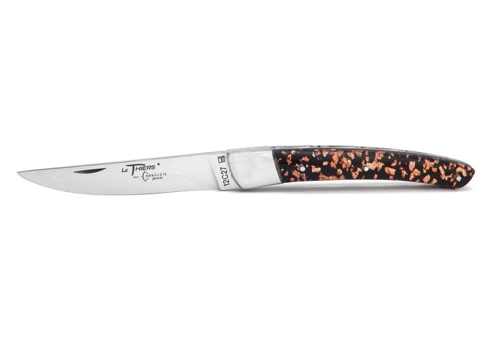 Le Thiers ® pliant guilloché main, manche inclusion de feuilles de cuivre de 11 cm, finition brillant
