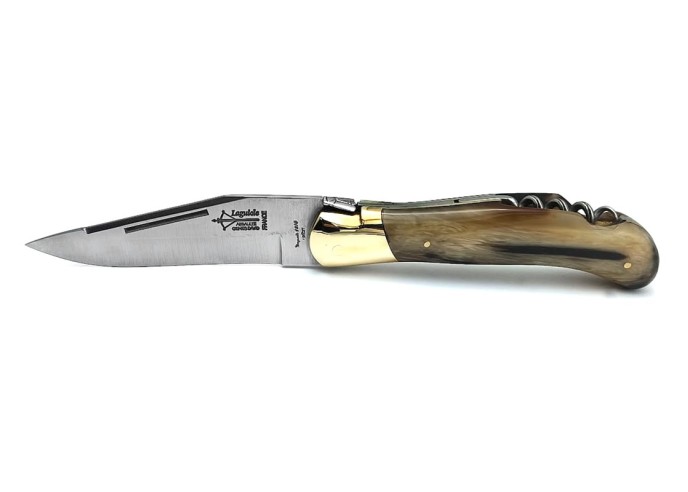 Laguiole folding knife Grande Nature, blade and corkscrew, blond horn handle