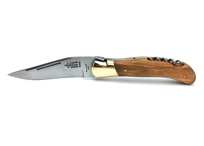 Laguiole folding knife Grande Nature, blade and corkscrew, olivewood handle