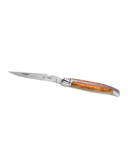 Laguiole Prestige folding knife, olive wood & red underscale handle, matt finish