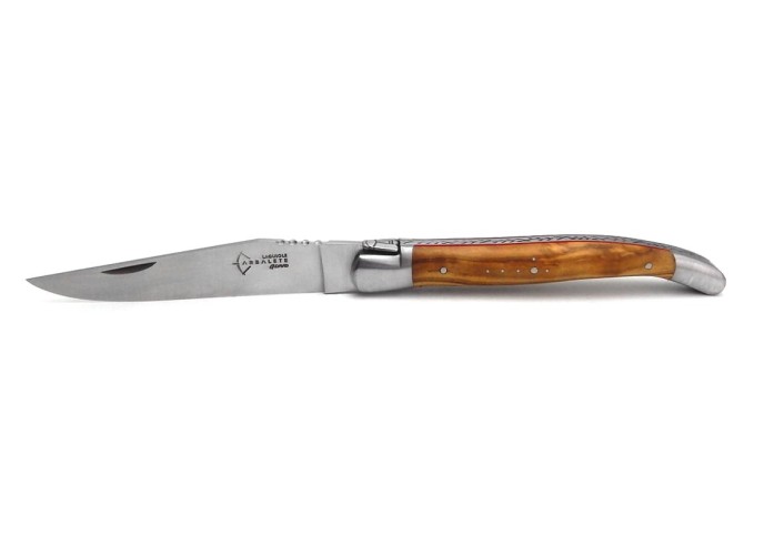 Laguiole Prestige folding knife, olive wood & red underscale handle, matt finish