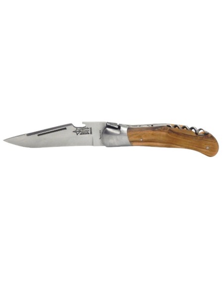 Laguiole folding knife Grande Nature Prestige, blade with bottle opener & corkscrew, olive wood handle