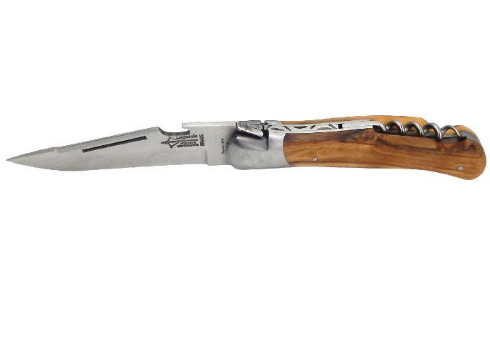 Laguiole folding knife Grande Nature Prestige, blade with bottle opener & corkscrew, olive wood handle