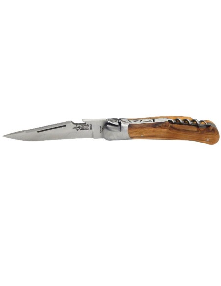Laguiole folding knife Grande Nature Prestige, blade with bottle opener & corkscrew, olive wood handle