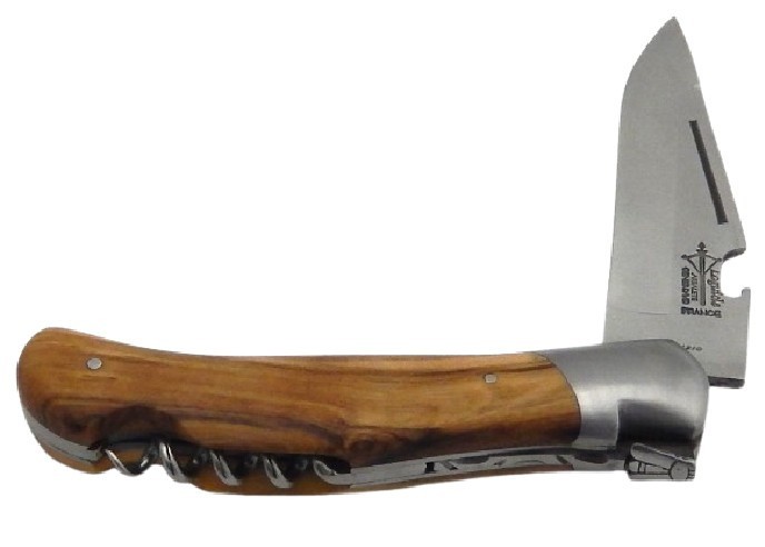 Laguiole folding knife Grande Nature Prestige, blade with bottle opener & corkscrew, olive wood handle