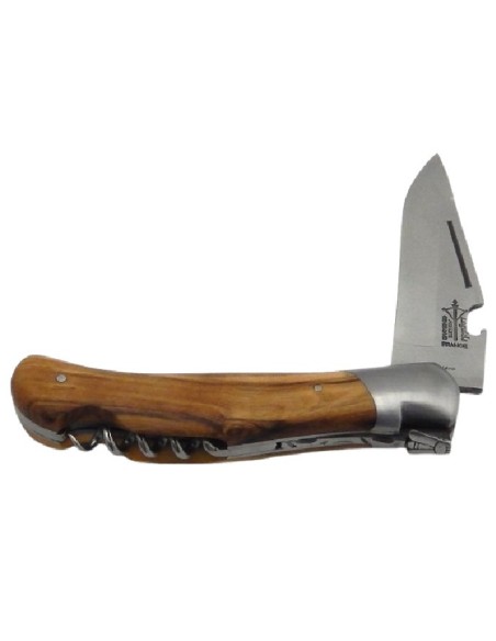 Laguiole folding knife Grande Nature Prestige, blade with bottle opener & corkscrew, olive wood handle
