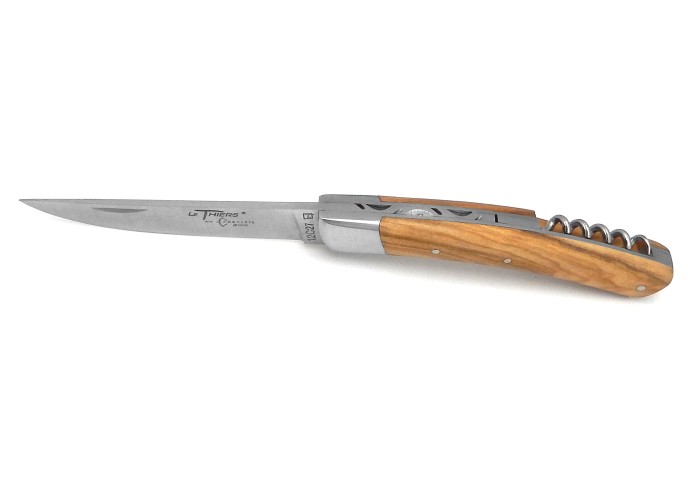 Le Thiers ® folding knife guilloché, blade and corkscrew, olive wood handle
