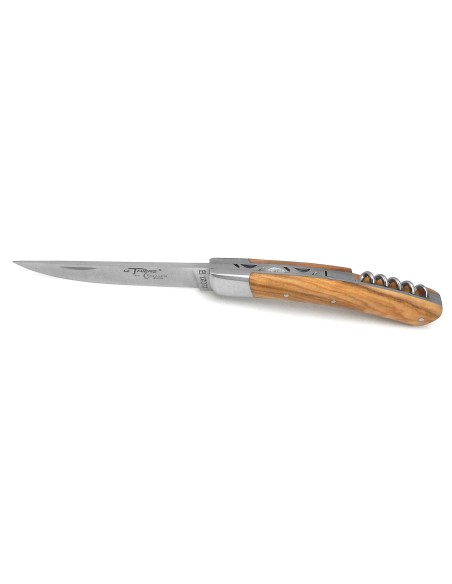 Le Thiers ® folding knife guilloché, blade and corkscrew, olive wood handle