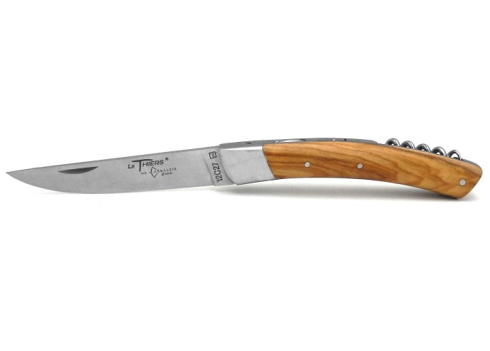 Le Thiers ® folding knife guilloché, blade and corkscrew, olive wood handle