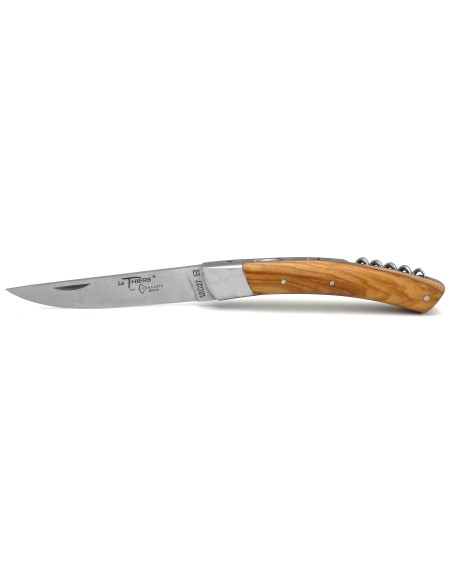 Le Thiers ® folding knife guilloché, blade and corkscrew, olive wood handle