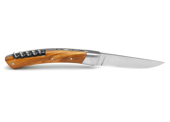 Le Thiers ® folding knife guilloché, blade and corkscrew, olive wood handle
