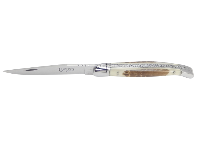 Laguiole pliant Prestige, manche inclusion de 2 plumes de bécasse