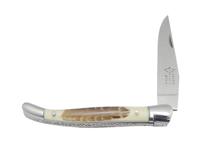 Laguiole pliant Prestige, manche inclusion de 2 plumes de bécasse