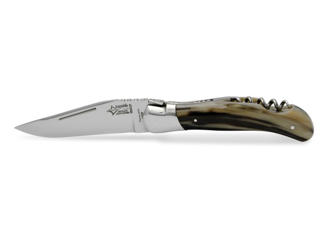 Laguiole Grande Nature knife, blade & corkscrew, dark horn tip handle