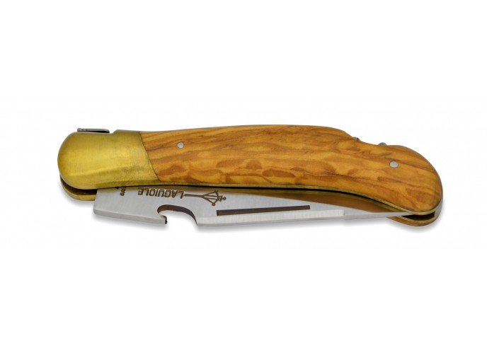 Laguiole pliant avec tire-bouchon et poinçon, 12 cm, manche en noyer,  mitres inox brossées