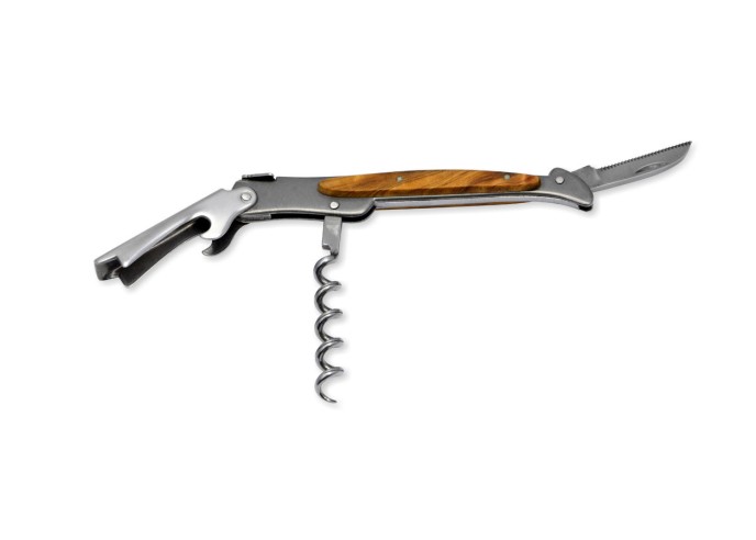 Sommelier Laguiole original, manche inox avec inserts en olivier, finition mat