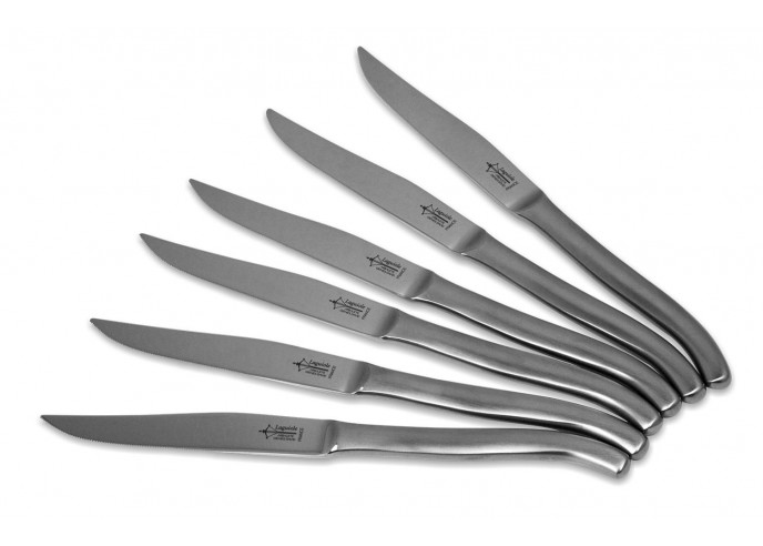 6 micro-toothed monobloc Laguiole steak knives, full matt stainless steel finish, dishwasher safe