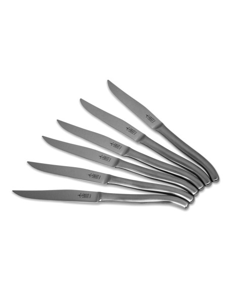 6 micro-toothed monobloc Laguiole steak knives, full matt stainless steel finish, dishwasher safe