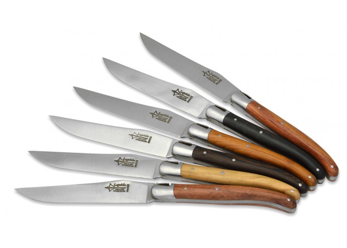 Coffret de 6 couteaux de table Laguiole Prestige, manche en bois divers, finition mat