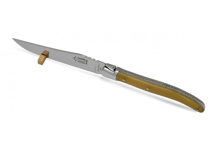 Coffret de 6 couteaux de table Laguiole original, manche en pointe de corne blonde, 23 cm, finition brillante