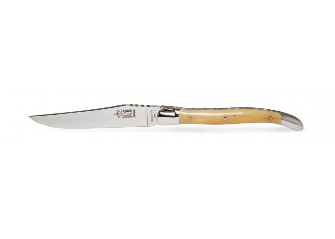 6 prestige Laguiole steak knives , blonde horn tip handle, shiny finish, 23 cm